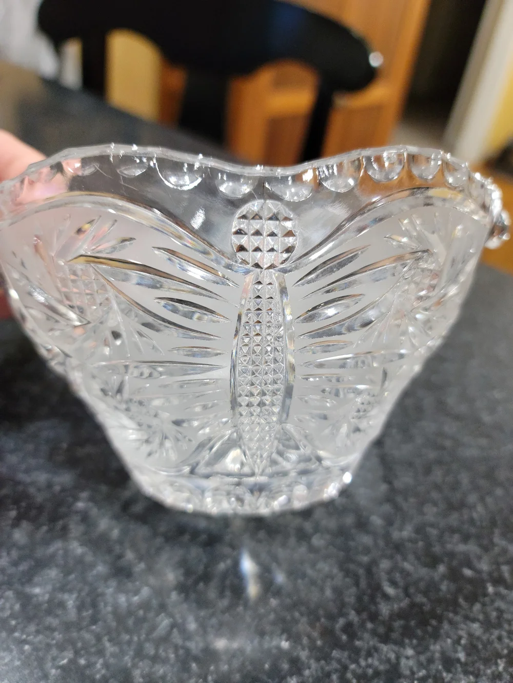 Vintage leaded crystal basket decorative butterfly design arched metal handle